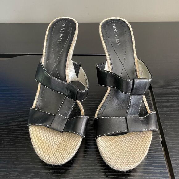 Nine West WNCOBALT Vintage Linen and Leather Upper Slide On Heeled Sandal, 10 - Picture 15 of 16